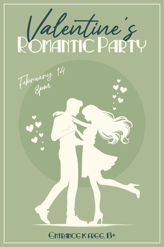 valentines romantic party retro poster with couple silhouette flat illustration vector