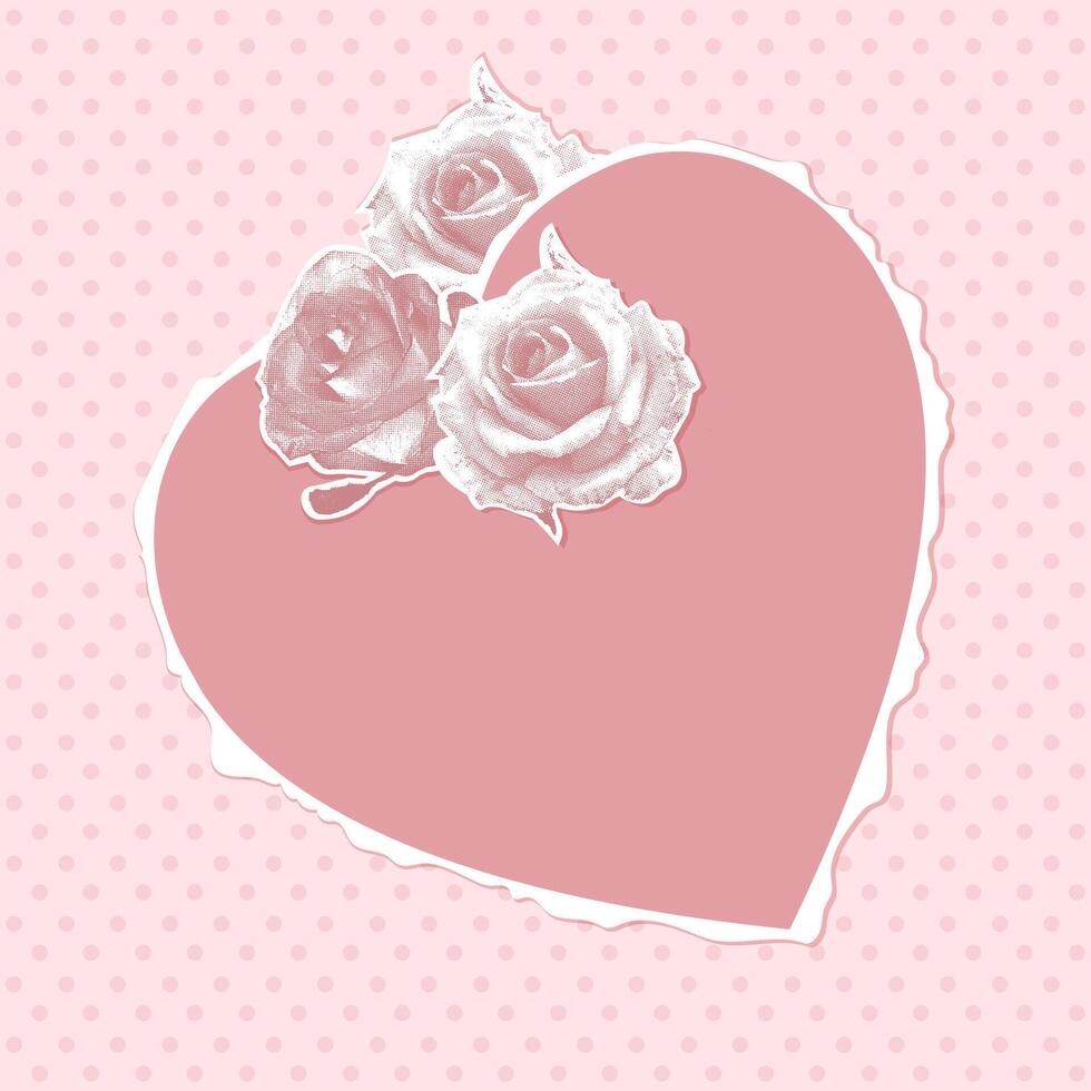 Trendy halftone collage. Collage of halftone roses and cut out hearts from paper for valentines day and march 8. Fashionable retro collage from the 80s vector