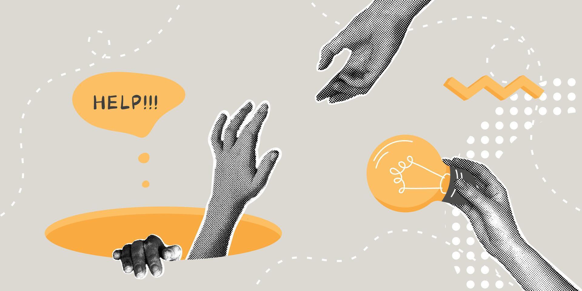 Fashionable halftone collage. Concept of success, life stability, asking for help, helping hand, idea of how to overcome adversity. The hand pulls out of the pit of failure vector