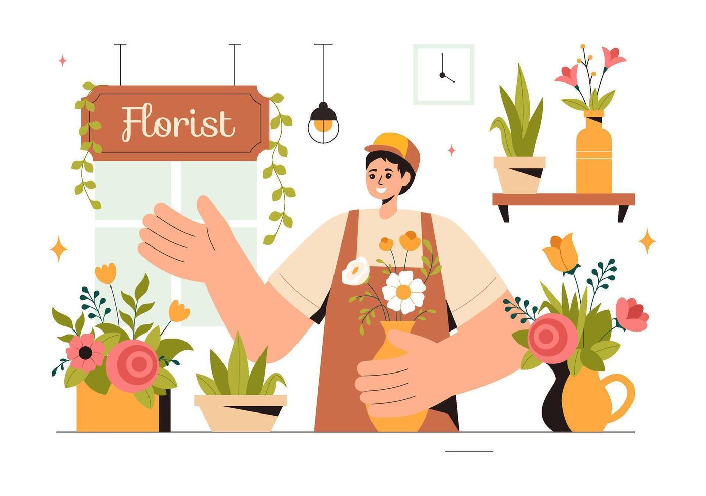 Illustration of a Florist Making Custom Floral Arrangements in a Flat Style Background vector