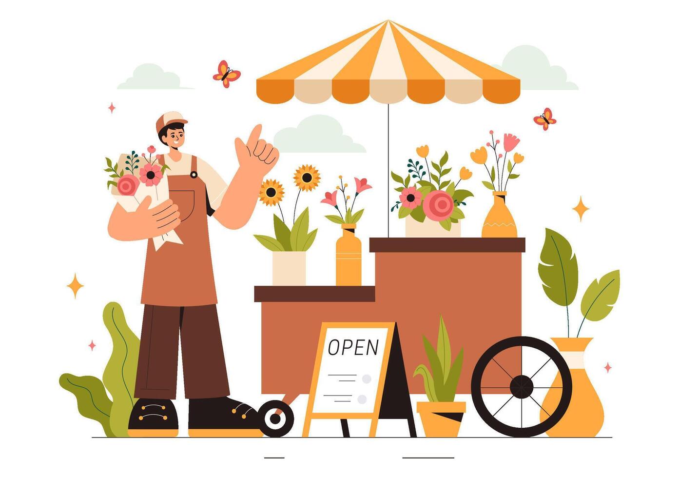 Flower Shop Illustration of a Florist Arranging Fresh Blooms for Gifts in a Flat Style Design vector