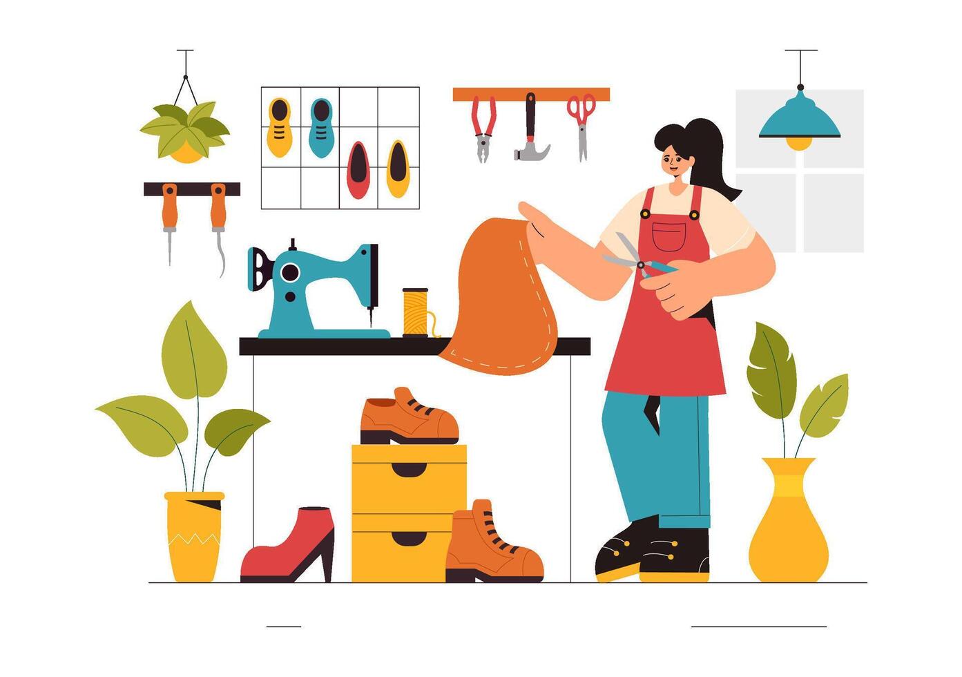 Footwear Designer Illustration with Shoe Crafting and Repair Process in Flat Cartoon Style vector
