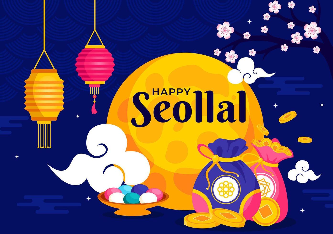 Korean New Year Seollal Illustration Highlighting Gold Coins and Rabbit Symbol for 29 January vector