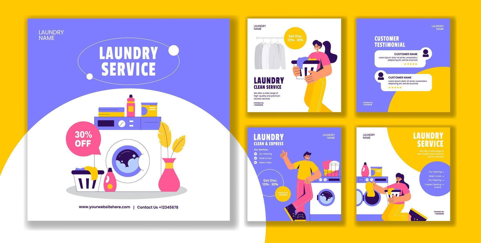 Laundry Cleaning Service Social Media Post Template in Flat Cartoon Style vector