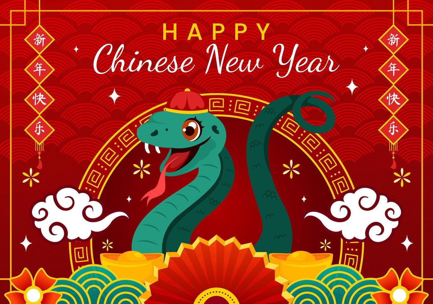 Festive Chinese New Year 2025 Design Highlighting Snakes, Lanterns, and