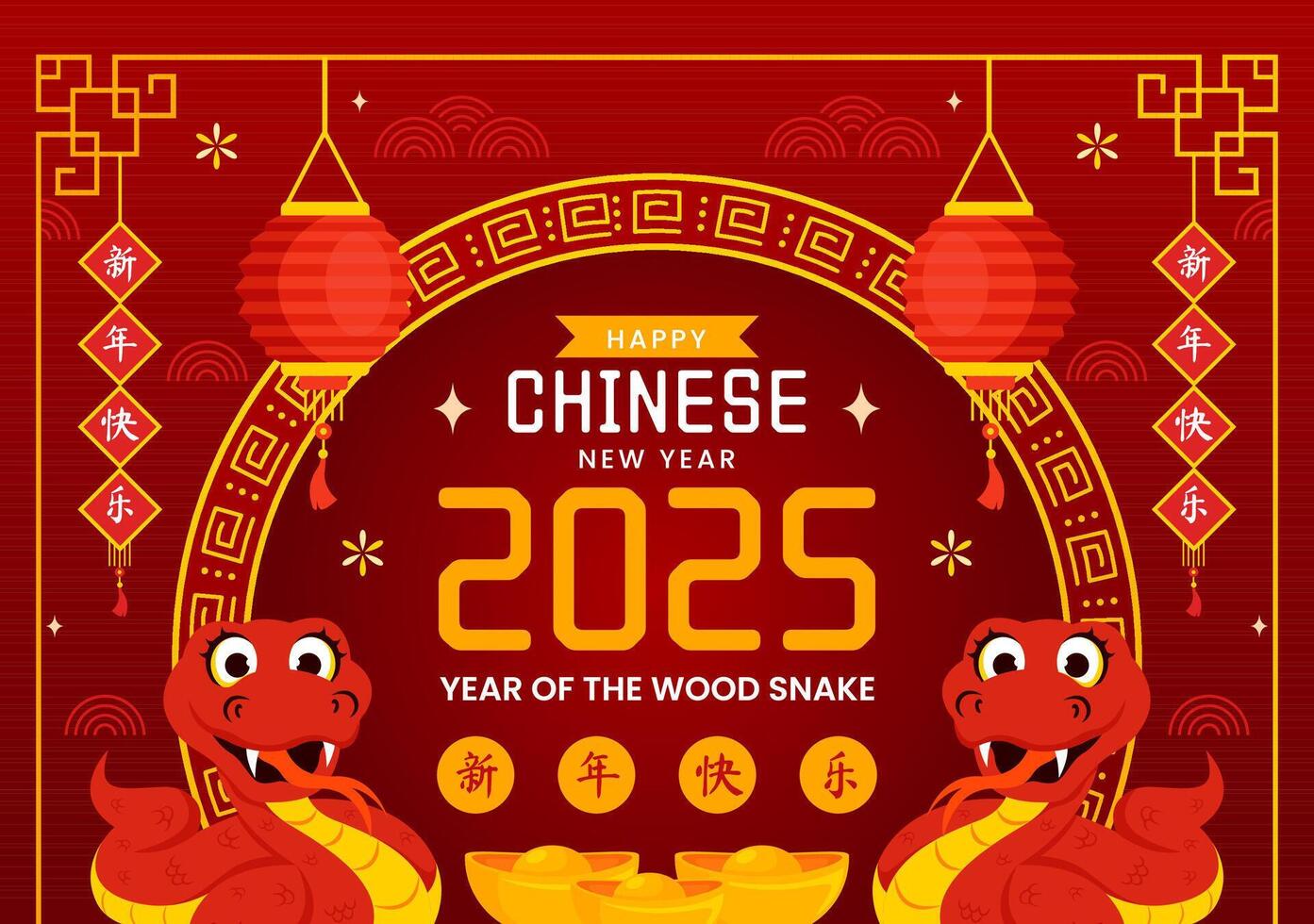 2025 Lunar New Year Illustration Highlighting the Year of the Wood Snake with Chinese Decor vector