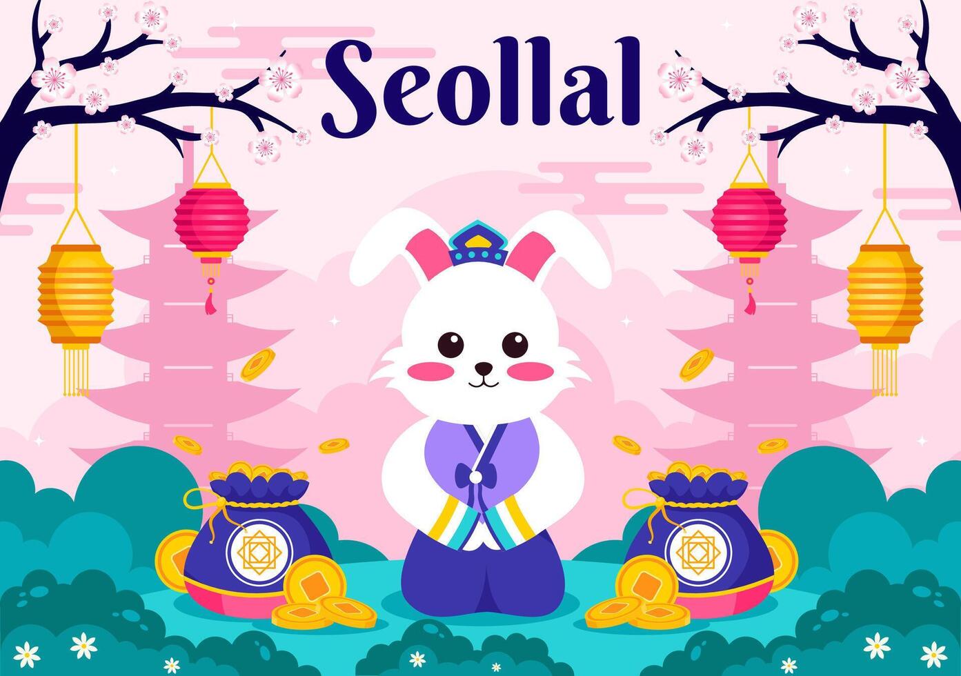 Korean Seollal Design with Wood Rabbit and Gold Coins for Lunar New Year Celebration vector