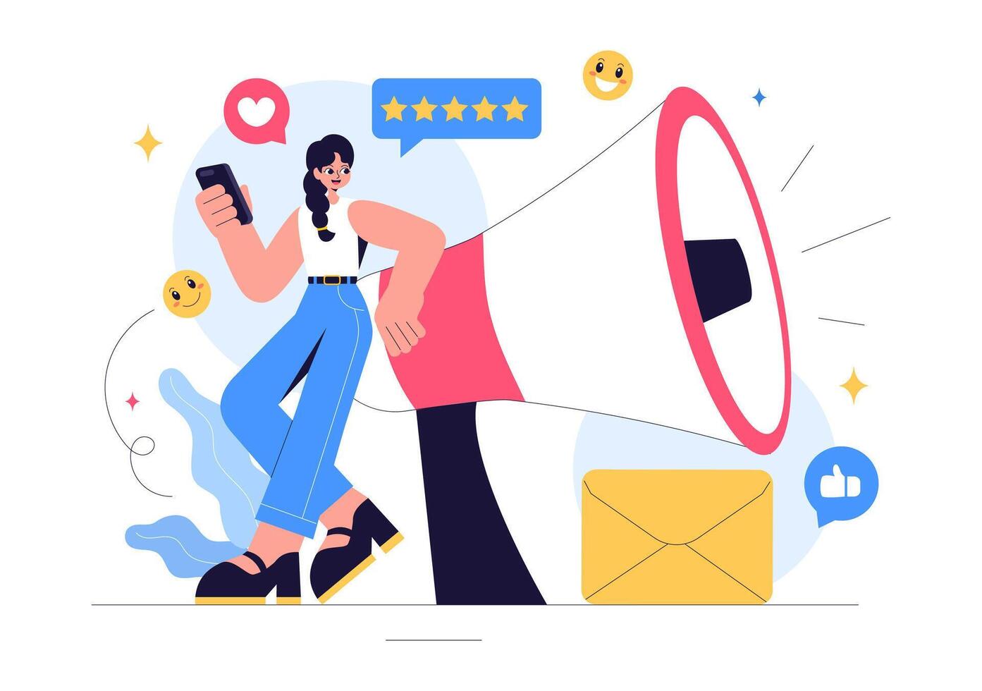 Effective Public Relations Illustration with Brand Advertising, Reputation, and Feedback Management in Digital Marketing vector