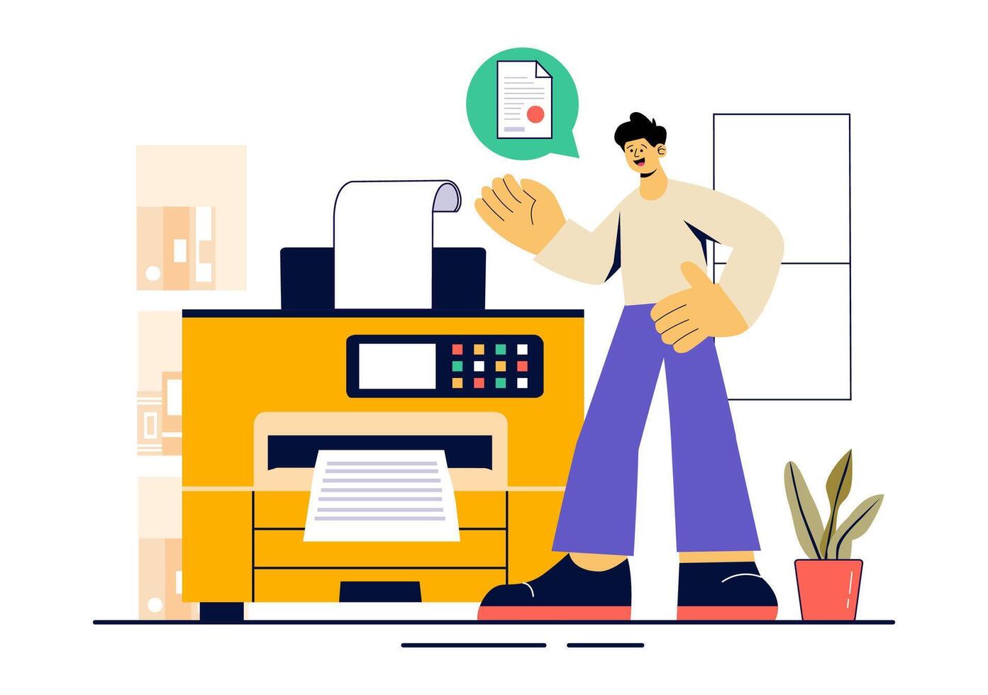 Printing House Illustration with Large-Scale Printers and File Processing Machines in a Flat Style Background vector