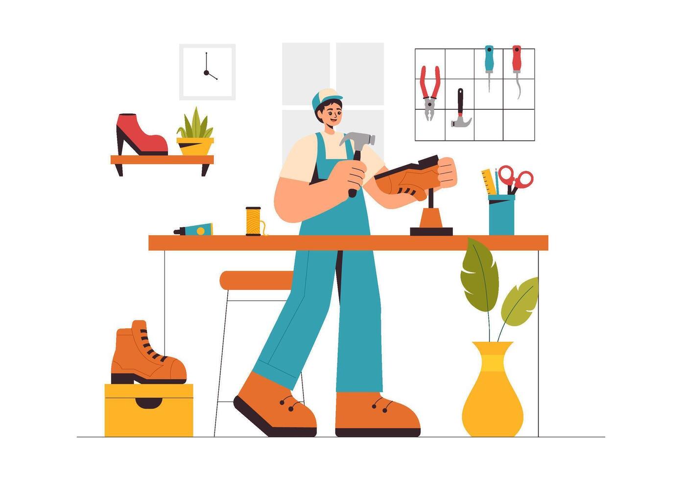 Flat Style Shoemaker Illustration Showcasing Footwear Manufacturing and Repair vector