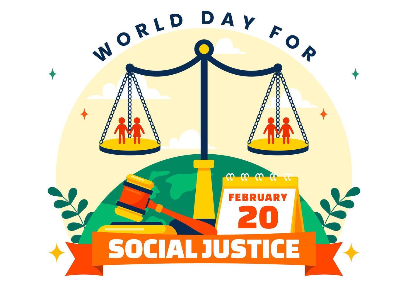World Day of Social Justice Featuring a Hammer and Scales in a Cartoon Background vector