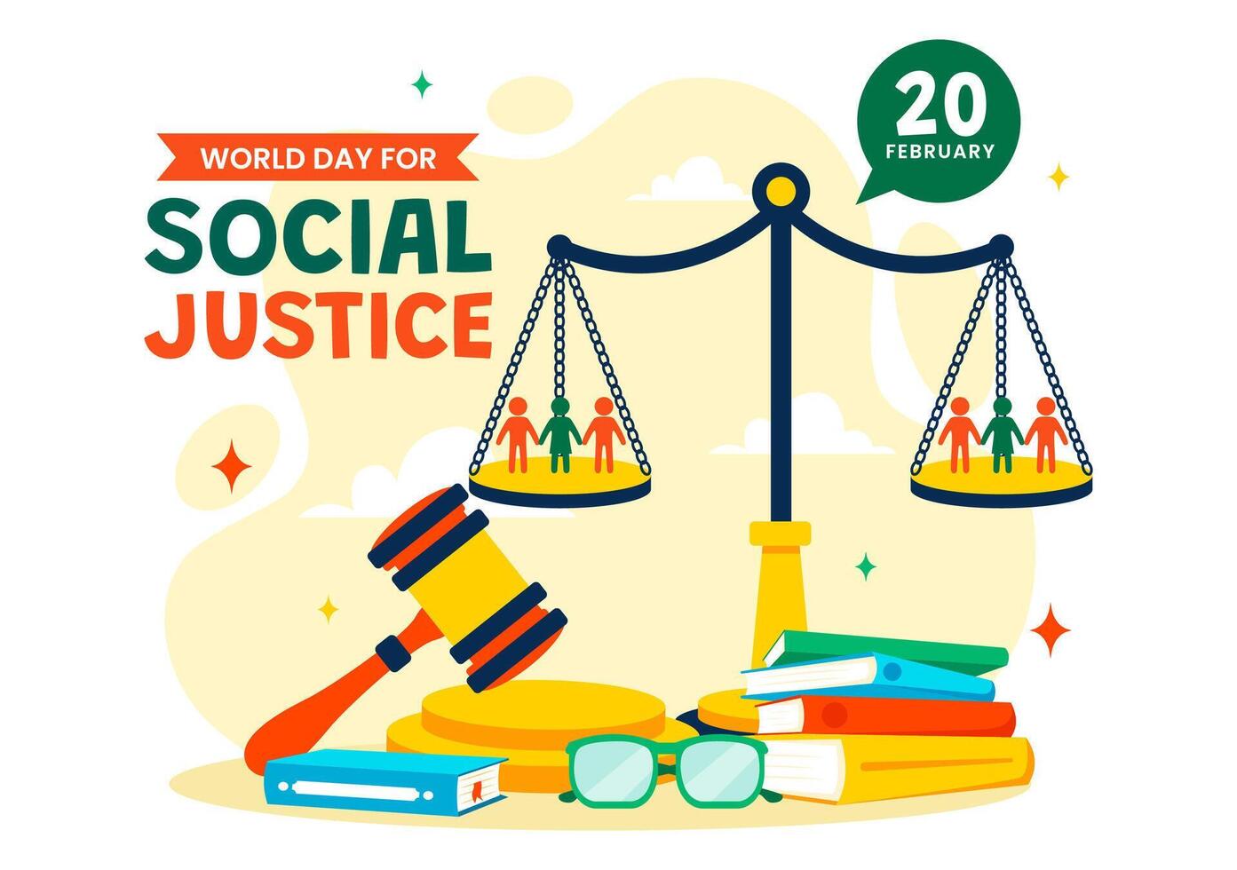 International Social Justice Day Illustration with Scales and Gavel Symbolizing Fairness and Equality in Flat Style vector