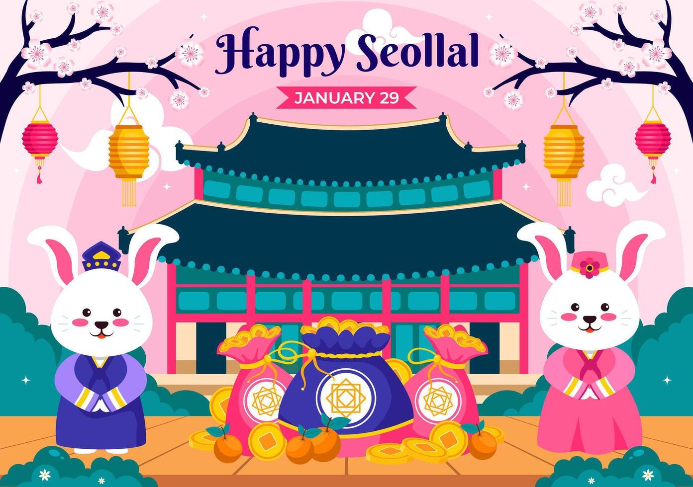 Korean Lunar New Year Illustration Featuring Wood Rabbit and Gold Coins in a Festive Background vector