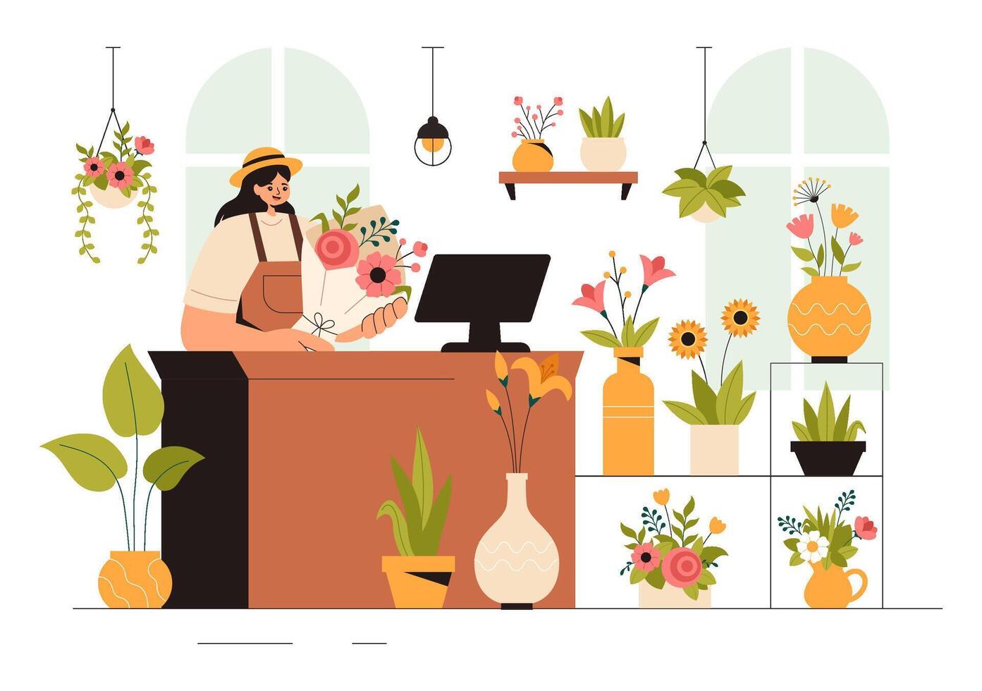 Professional Florist Designing Stunning Bouquets Illustration in a Flower Store Setting vector