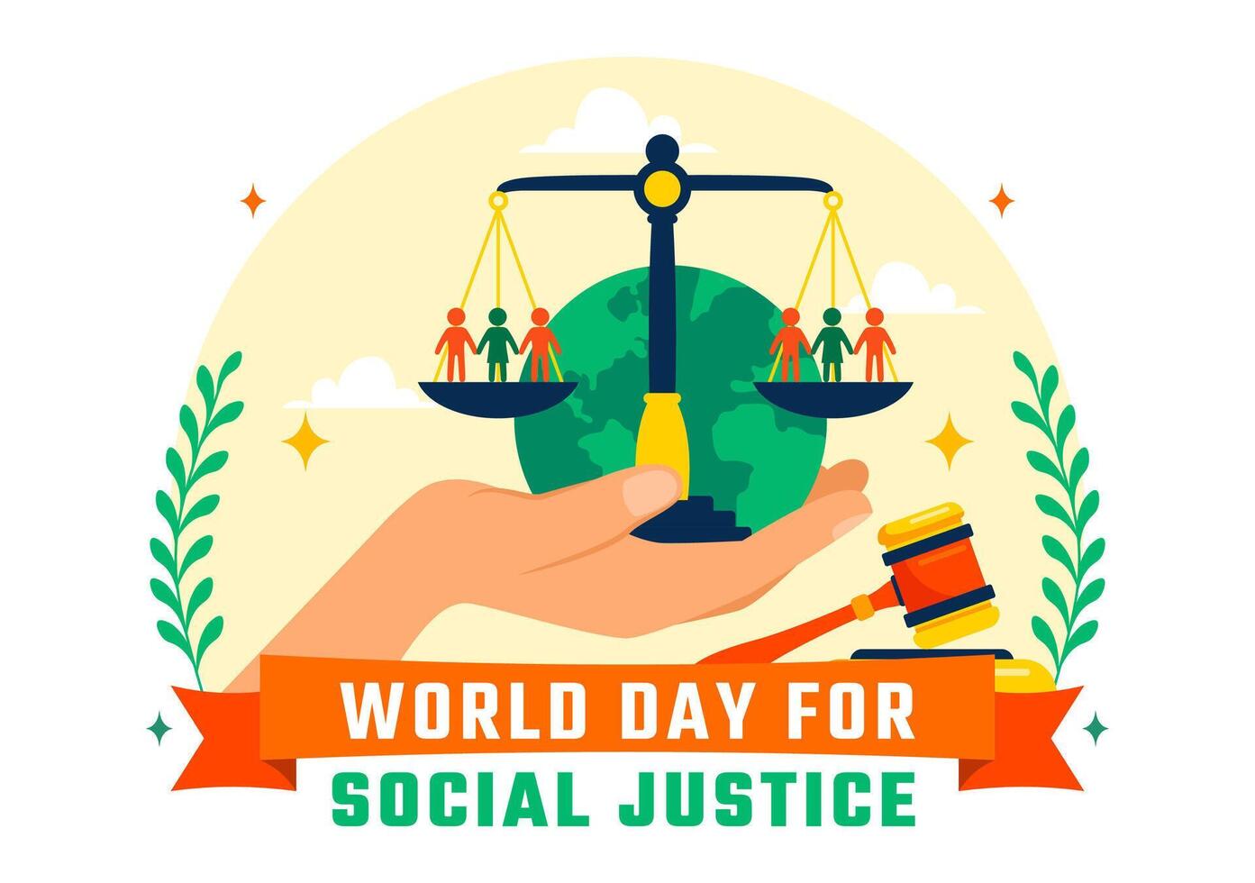 Illustration of World Social Justice Day Featuring Gavel and Scales in Flat Style vector