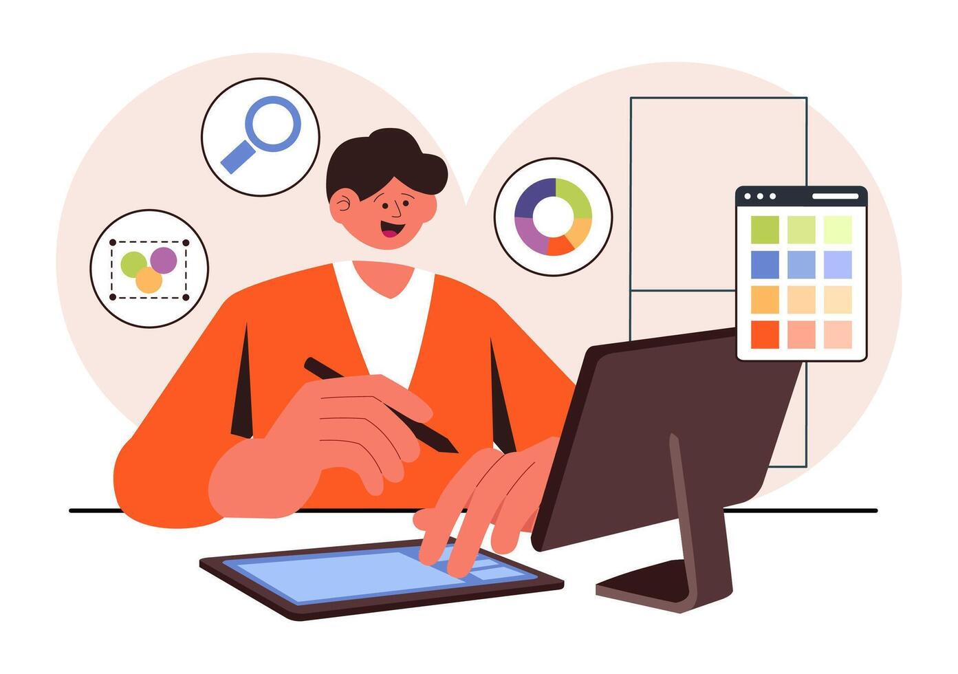 Flat Style Illustration of a Graphic Designer Creating Animation and Cartoon Products vector