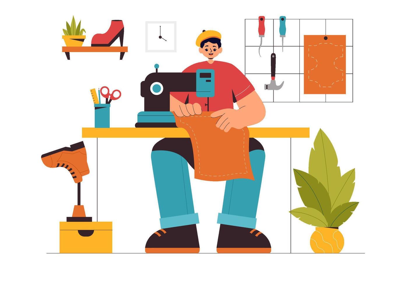 Illustration of a Shoemaker Repairing and Designing Shoes with Tools in Flat Cartoon Style vector