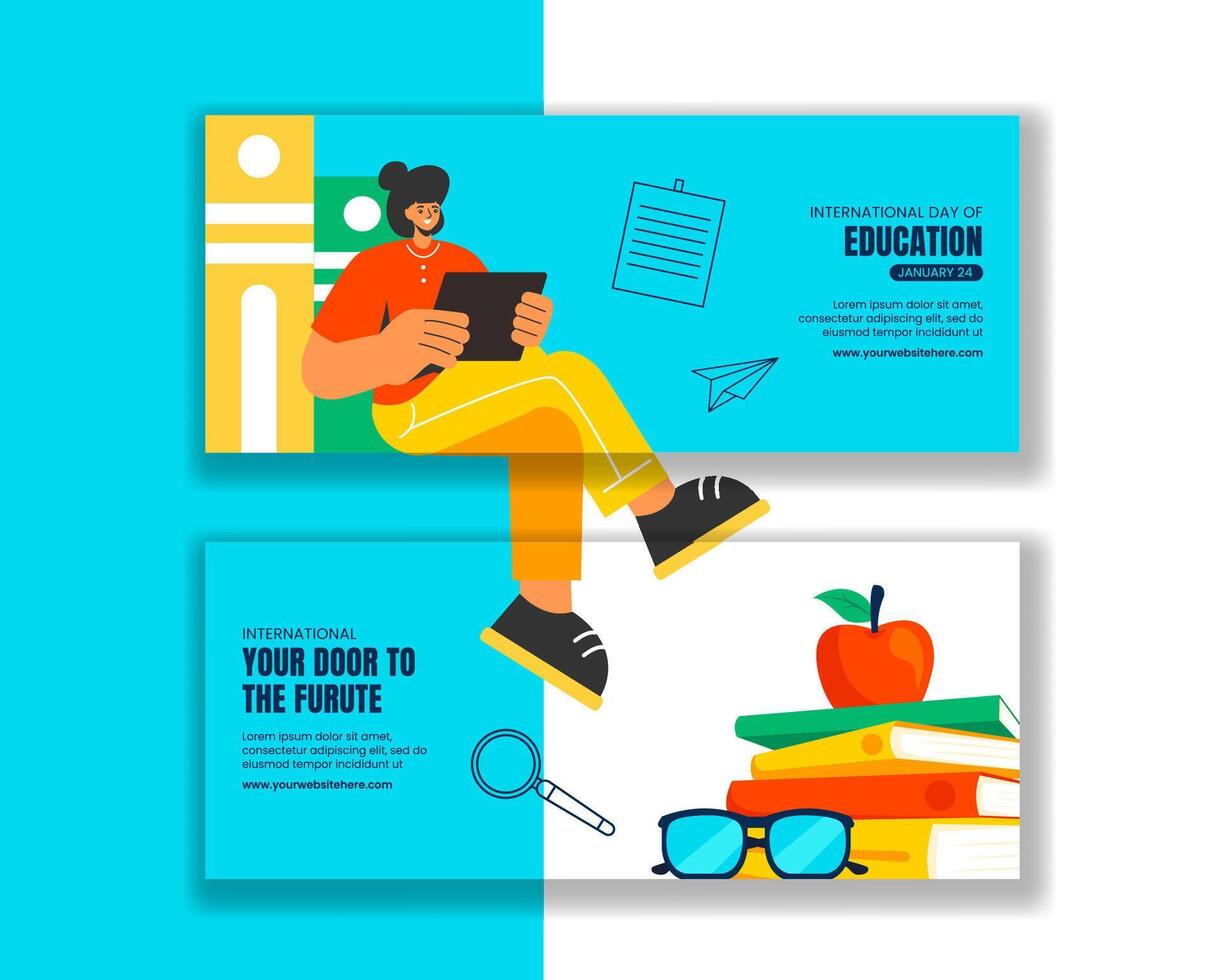 Flat Cartoon Illustration of International Education Day with Horizontal Banner Details vector