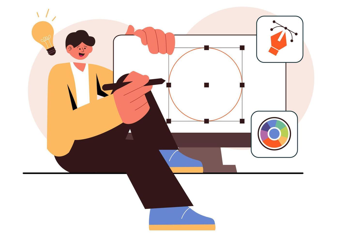 Graphic Designer at Work, Using Creative Software for Cartoon and Animation Product Design vector