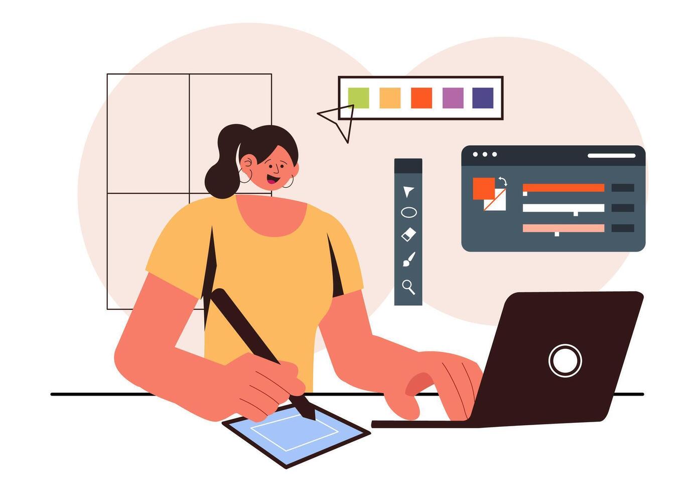 Creative Graphic Designer Illustration featuring software tools for cartoon and animation design in a flat background vector