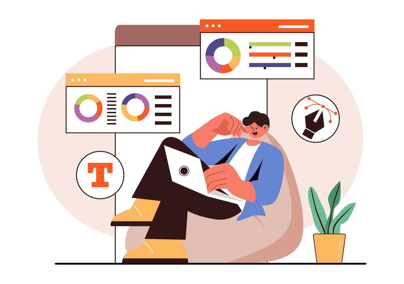 Illustration of a Digital Designer Working on Creative Projects in Cartoon and Animation Design vector