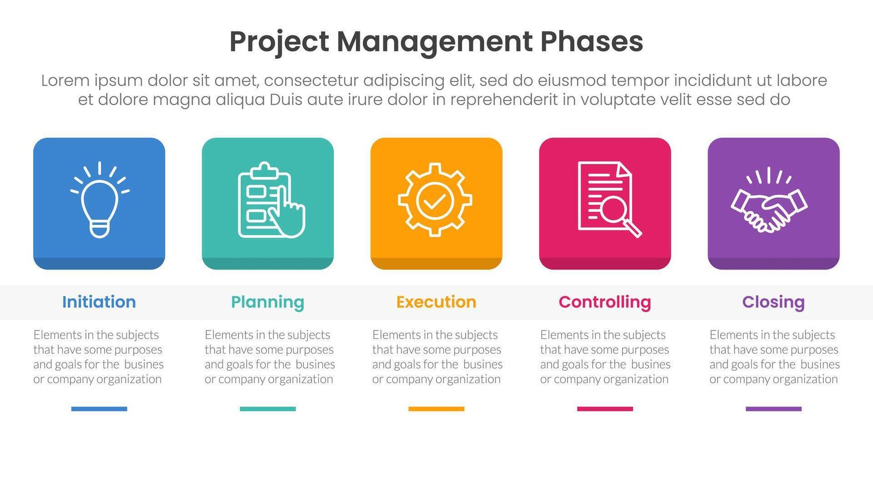 5 phase project management infographic template banner with round square box header and table with 5 point list information for slide presentation vector