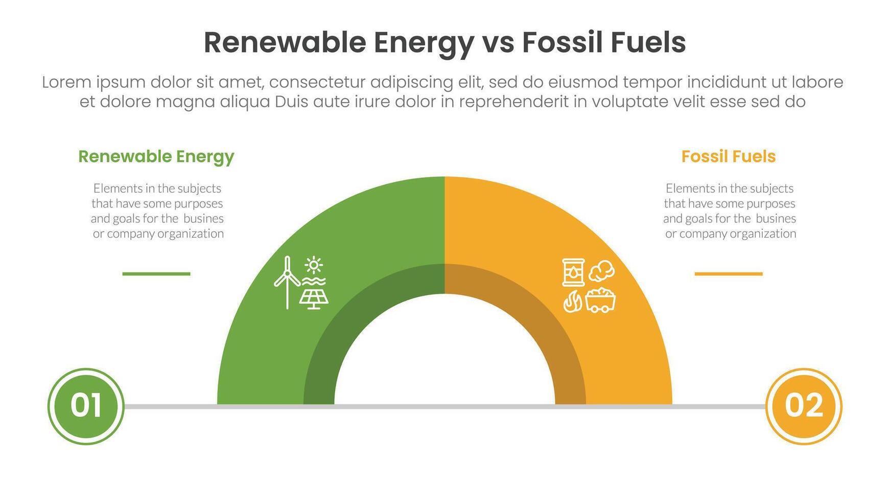 Renewable energy vs fossil fuels comparison concept for infographic template banner with half circle divided with two point list information vector