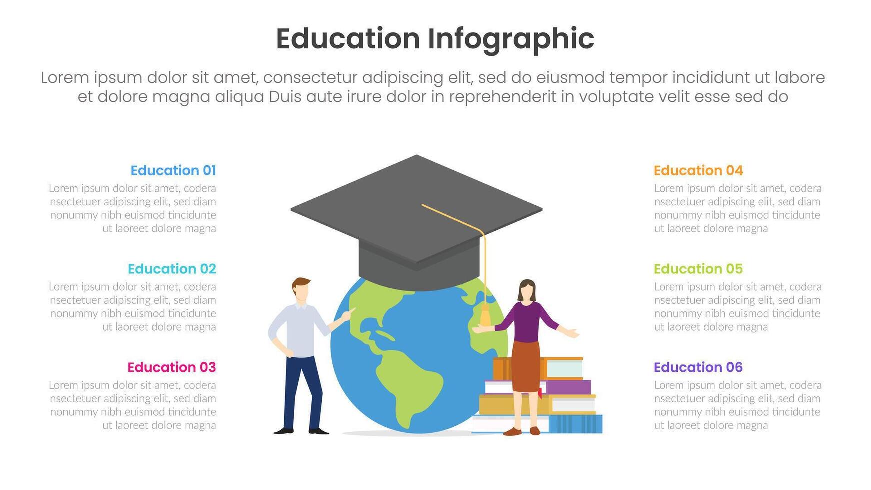 education infographic template banner with big graduation hat on world globe and people with 6 point for slide presentation vector