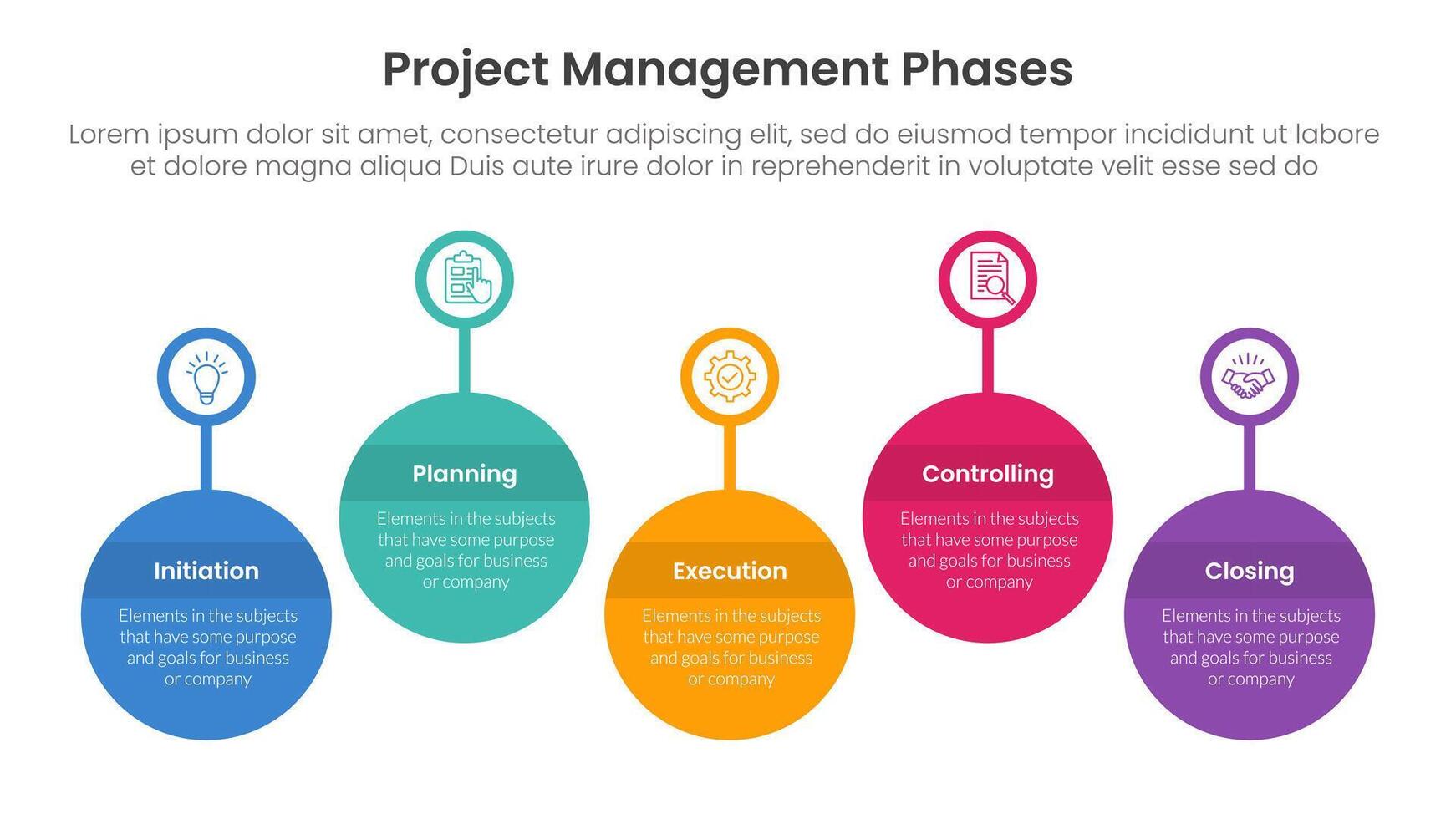 5 phase project management infographic template banner with timeline big circle outline badge up and down with 5 point list information for slide presentation vector