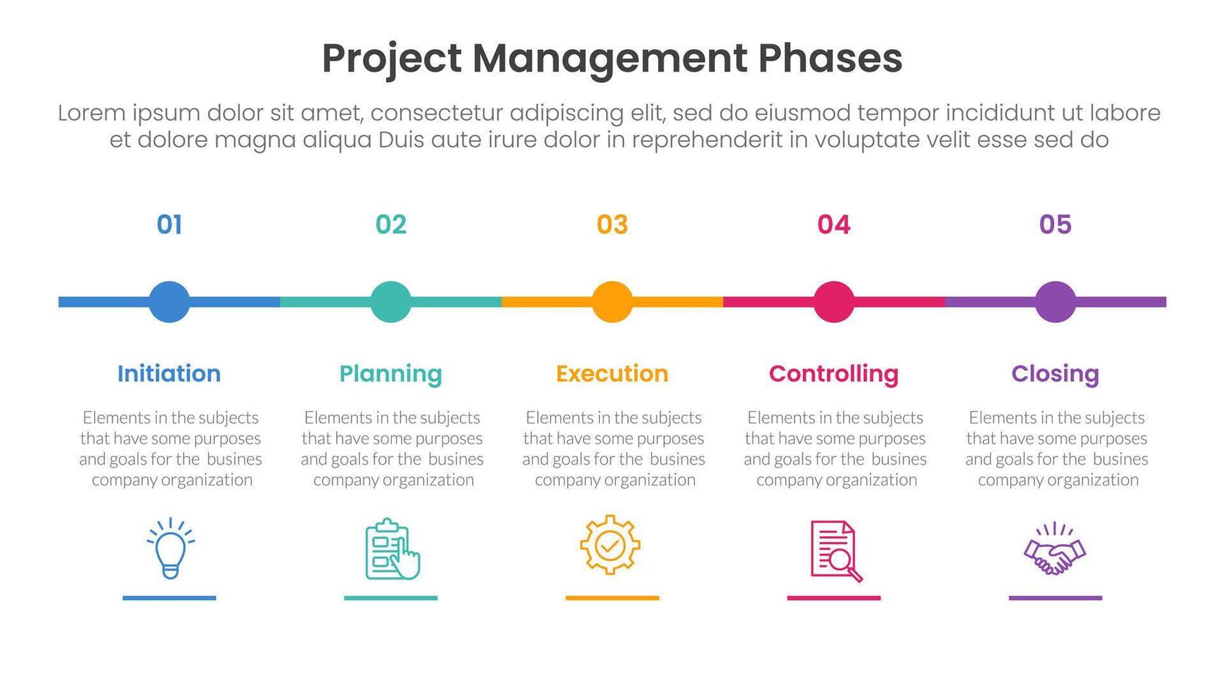 5 phase project management infographic template banner with timeline small circle point horizontal with 5 point list information for slide presentation vector
