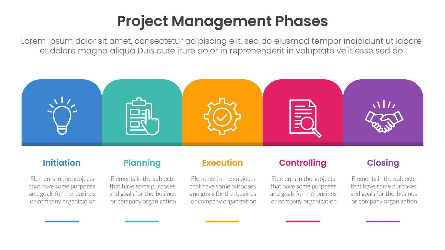 5 phase project management infographic template banner with round box header table right direction with 5 point list information for slide presentation vector