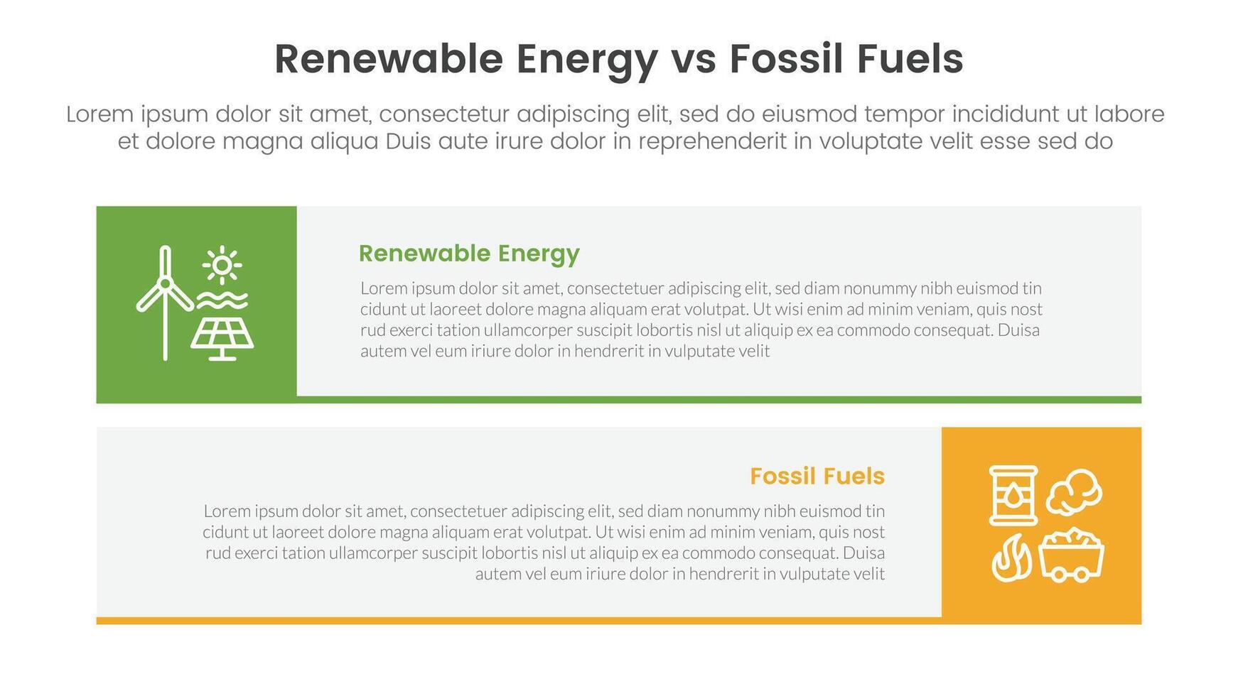 Renewable energy vs fossil fuels comparison concept for infographic template banner with long rectangle box horizontal stack with two point list information vector