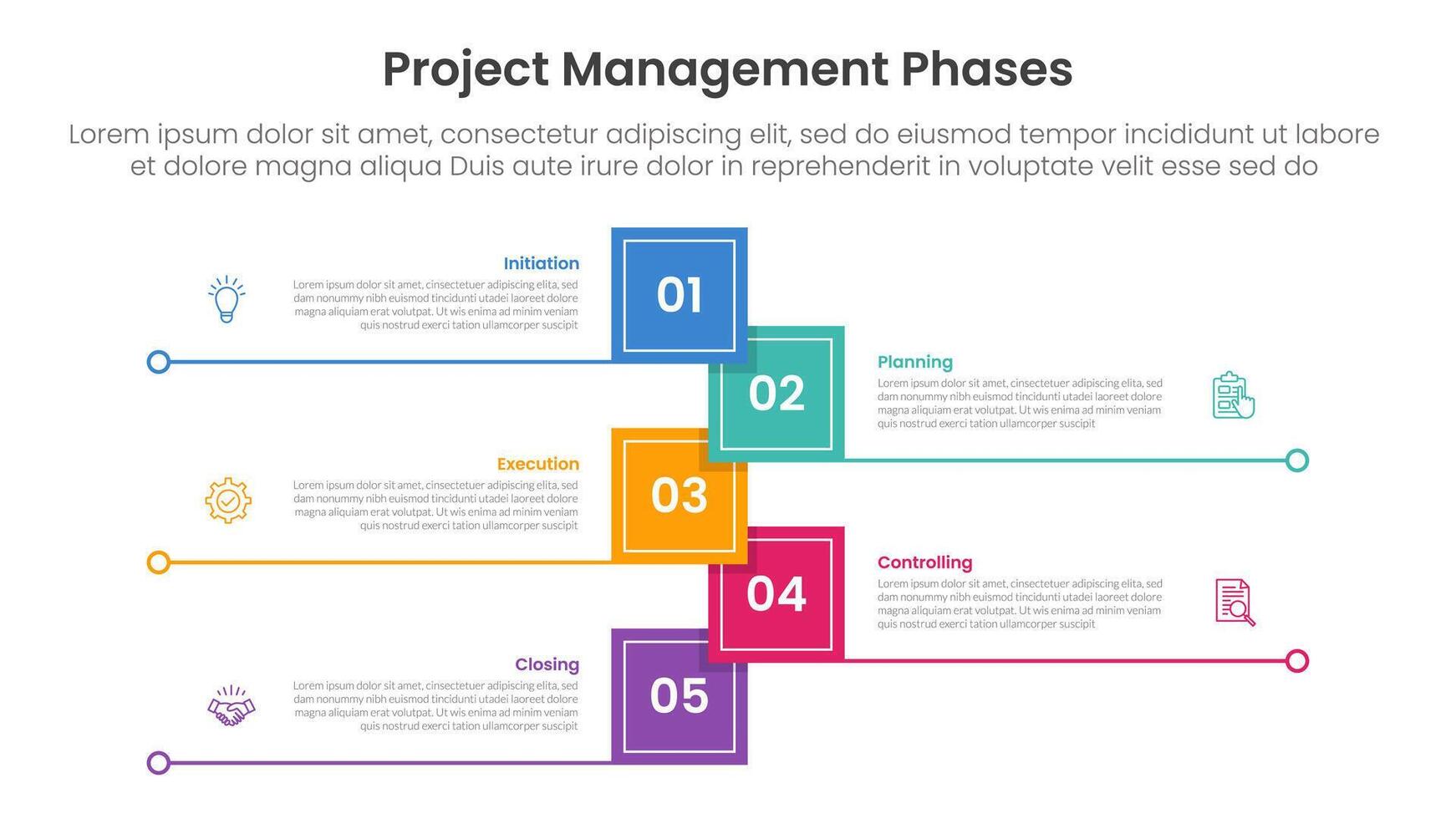 5 phase project management infographic template banner with vertical timeline shape square shape with line bottom with 5 point list information for slide presentation vector