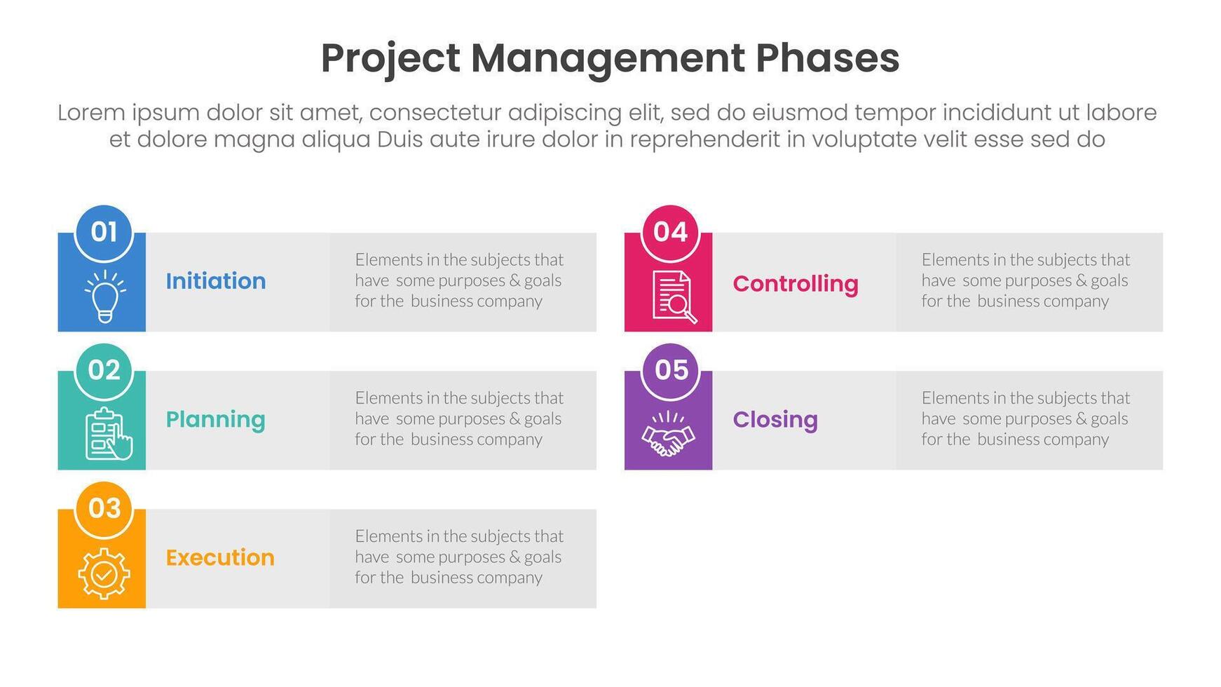 5 phase project management infographic template banner with long rectangle box grey background with 5 point list information for slide presentation vector