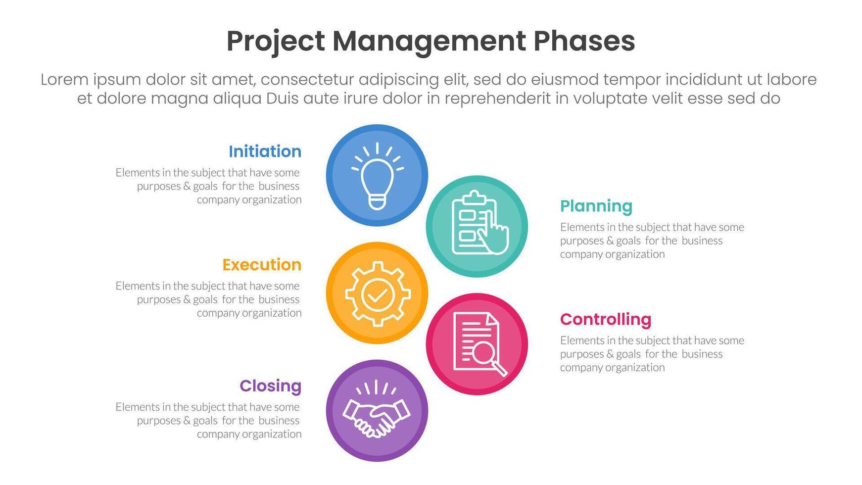 5 phase project management infographic template banner with big circle vertical with 5 point list information for slide presentation vector