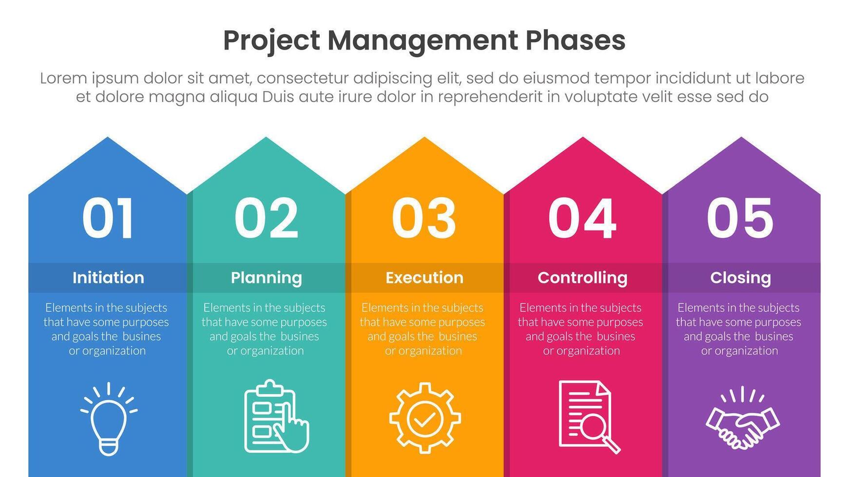 5 phase project management infographic template banner with long rectangle top arrow with 5 point list information for slide presentation vector