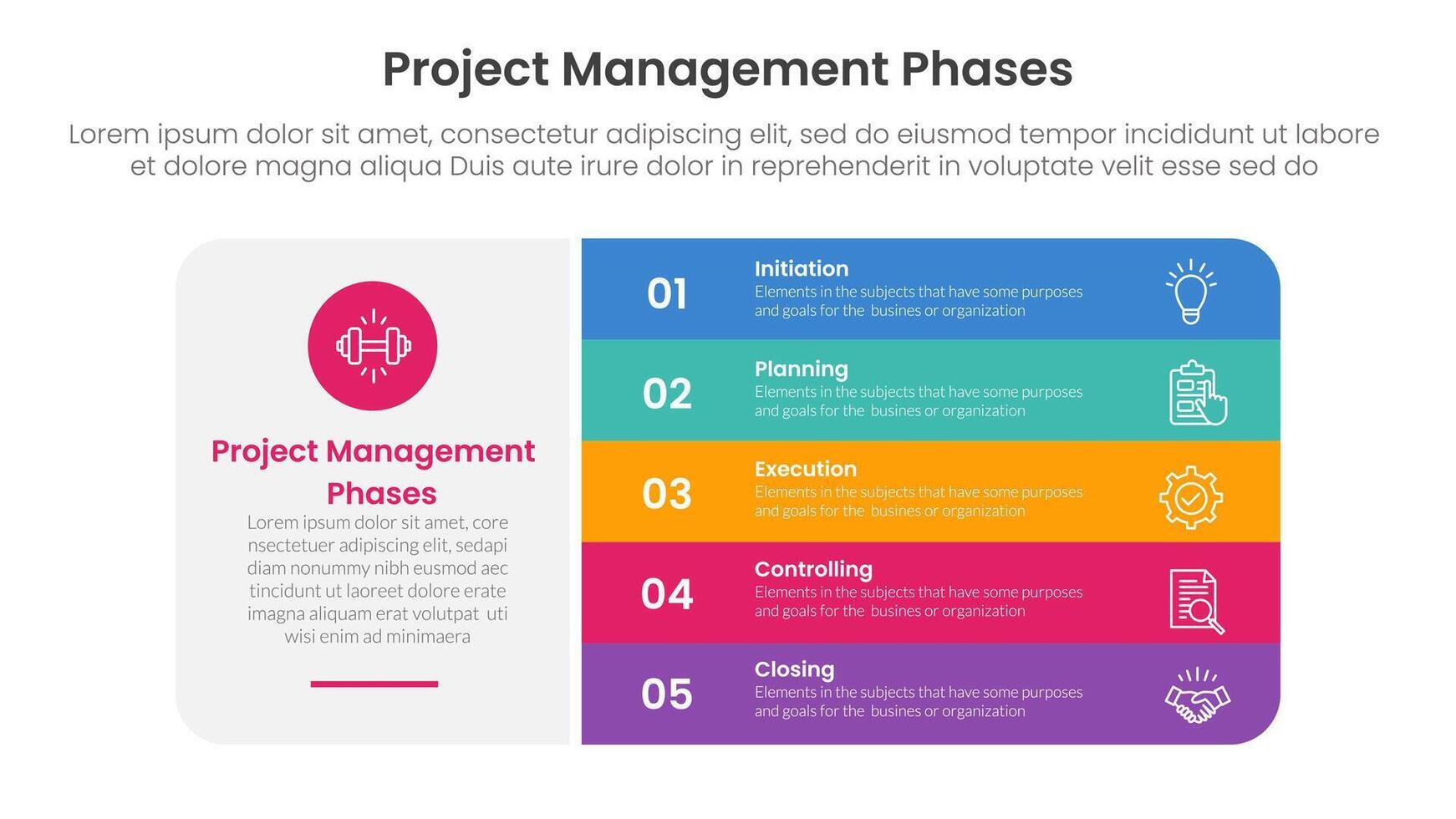 5 phase project management infographic template banner with big round rectangle box and vertical point stack with 5 point list information for slide presentation vector