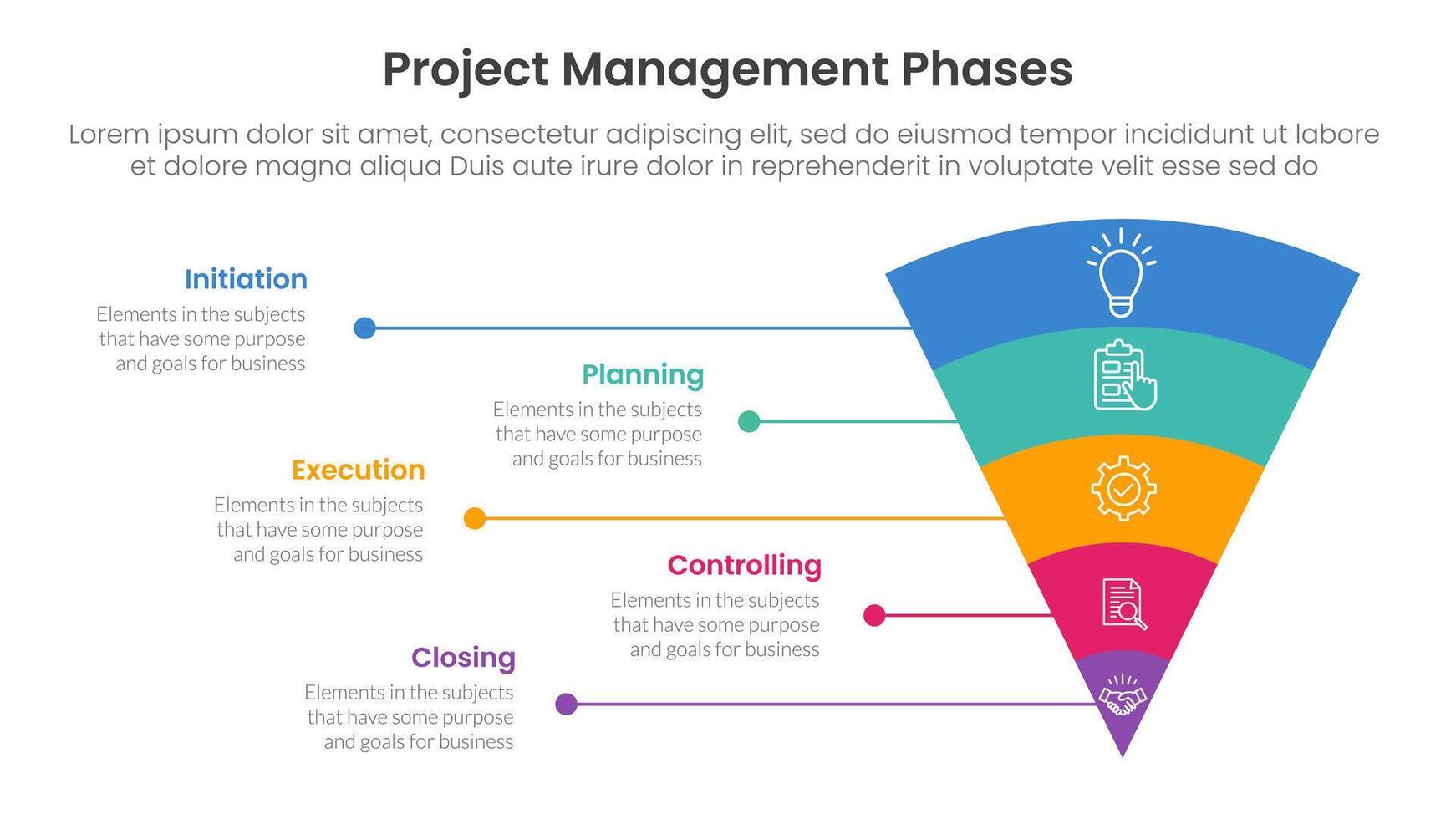 5 phase project management infographic template banner with funnel bending round v shape and line network with 5 point list information for slide presentation vector
