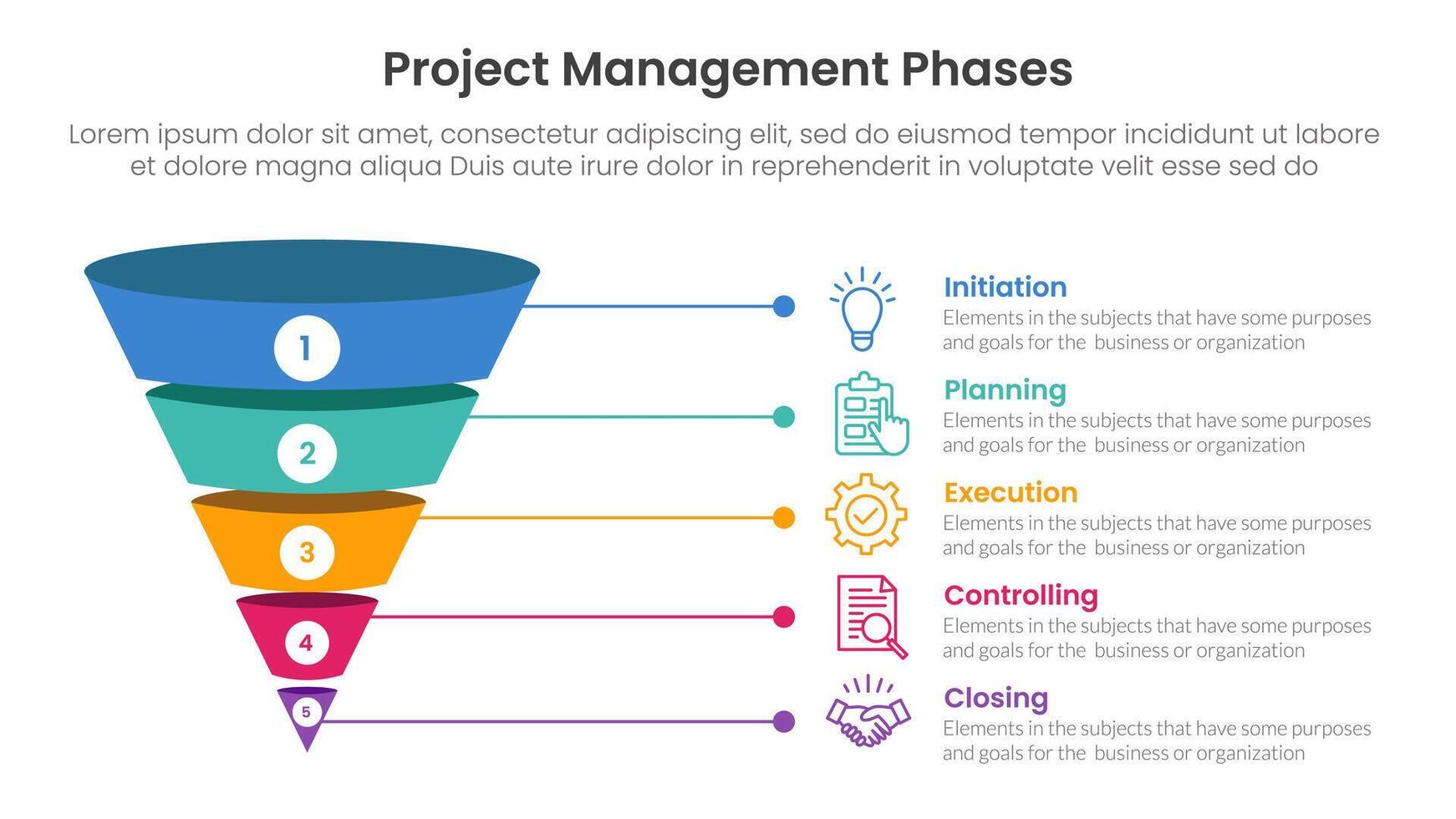 5 phase project management infographic template banner with funnel 3d shadow dimension shape with 5 point list information for slide presentation vector