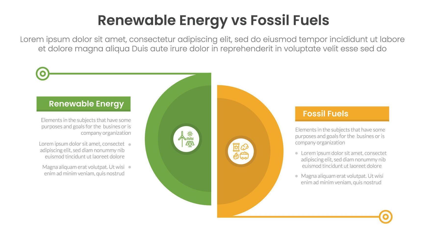 Renewable energy vs fossil fuels comparison concept for infographic template banner with big slice half circle with line separation with two point list information vector