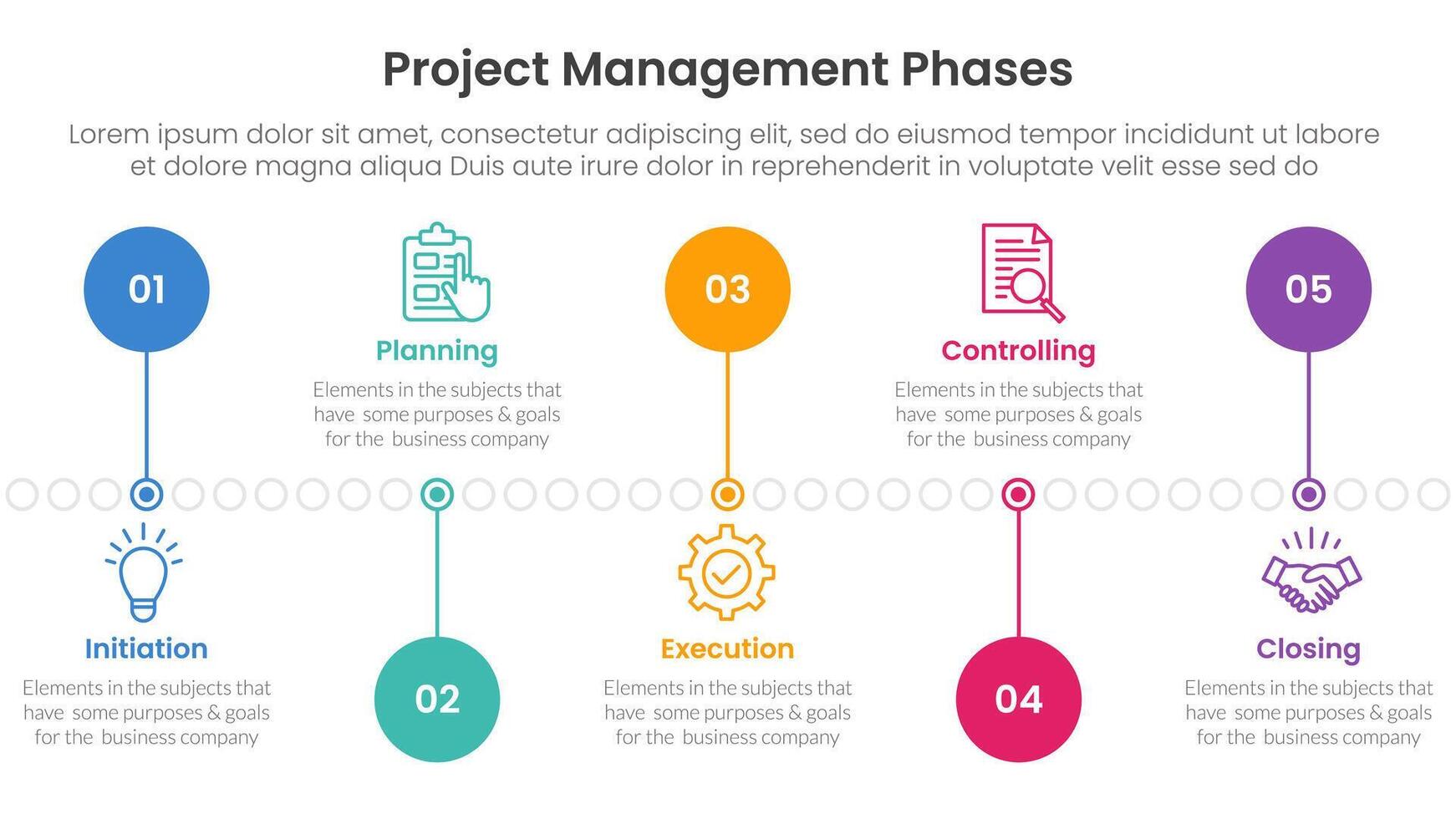 5 phase project management infographic template banner with timeline circle point up and down with 5 point list information for slide presentation vector