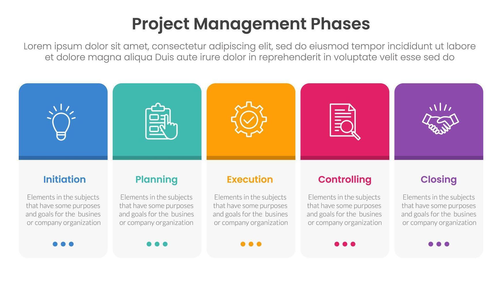 5 phase project management infographic template banner with round box table on horizontal direction with 5 point list information for slide presentation vector