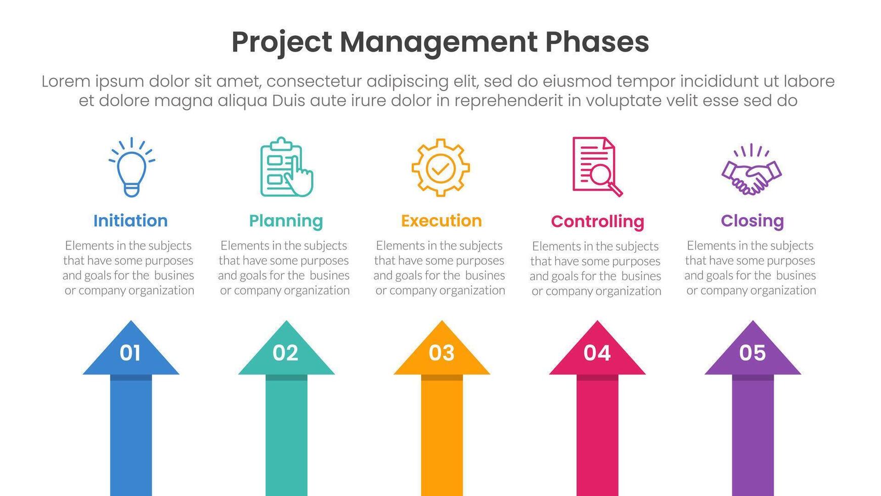 5 phase project management infographic template banner with arrow shape top direction with 5 point list information for slide presentation vector