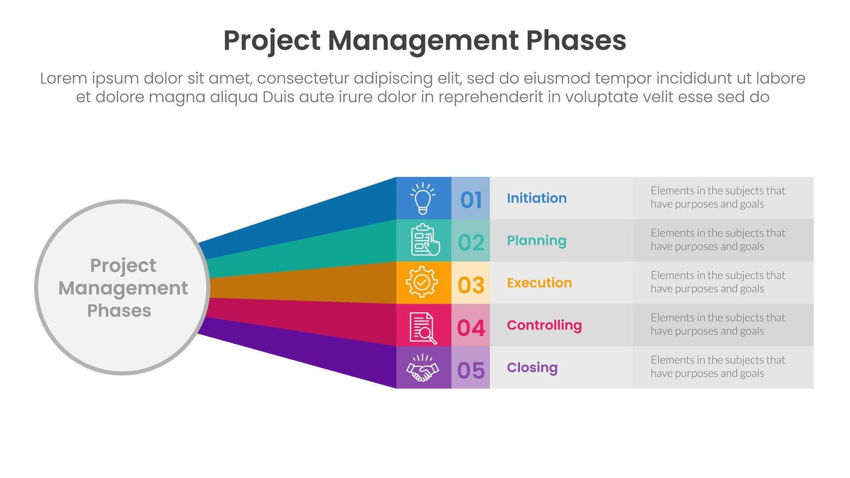 5 phase project management infographic template banner with big circle and rainbow long rectangle shape with 5 point list information for slide presentation vector