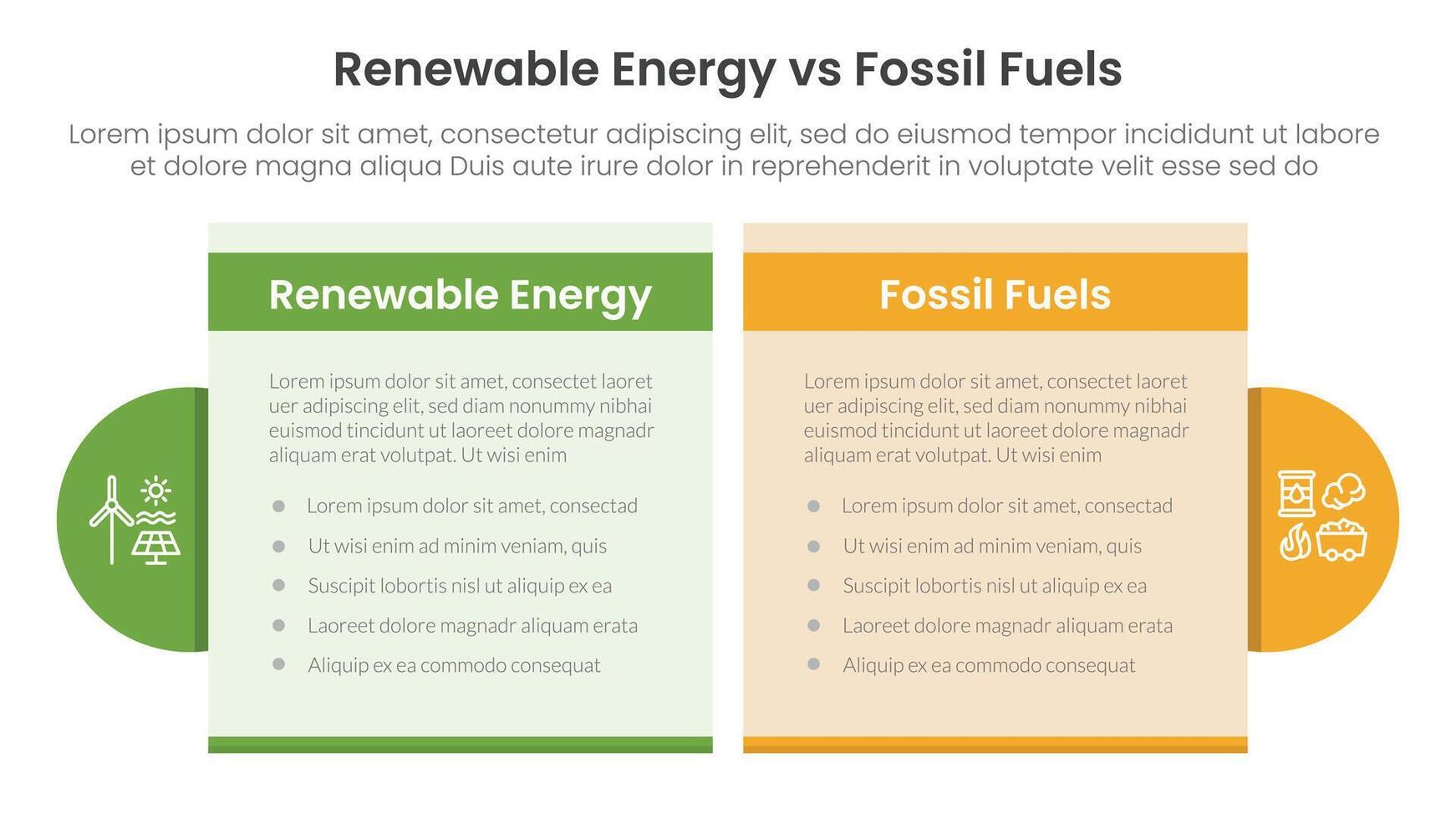 Renewable energy vs fossil fuels comparison concept for infographic template banner with table box and circle accessories with two point list information vector