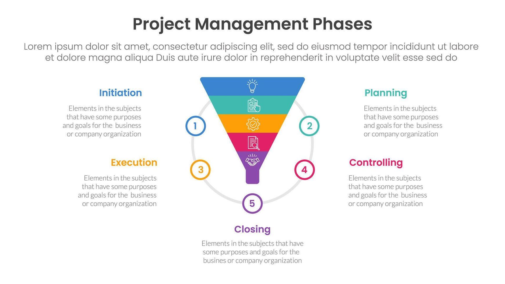 5 phase project management infographic template banner with funnel shape on circle with 5 point list information for slide presentation vector