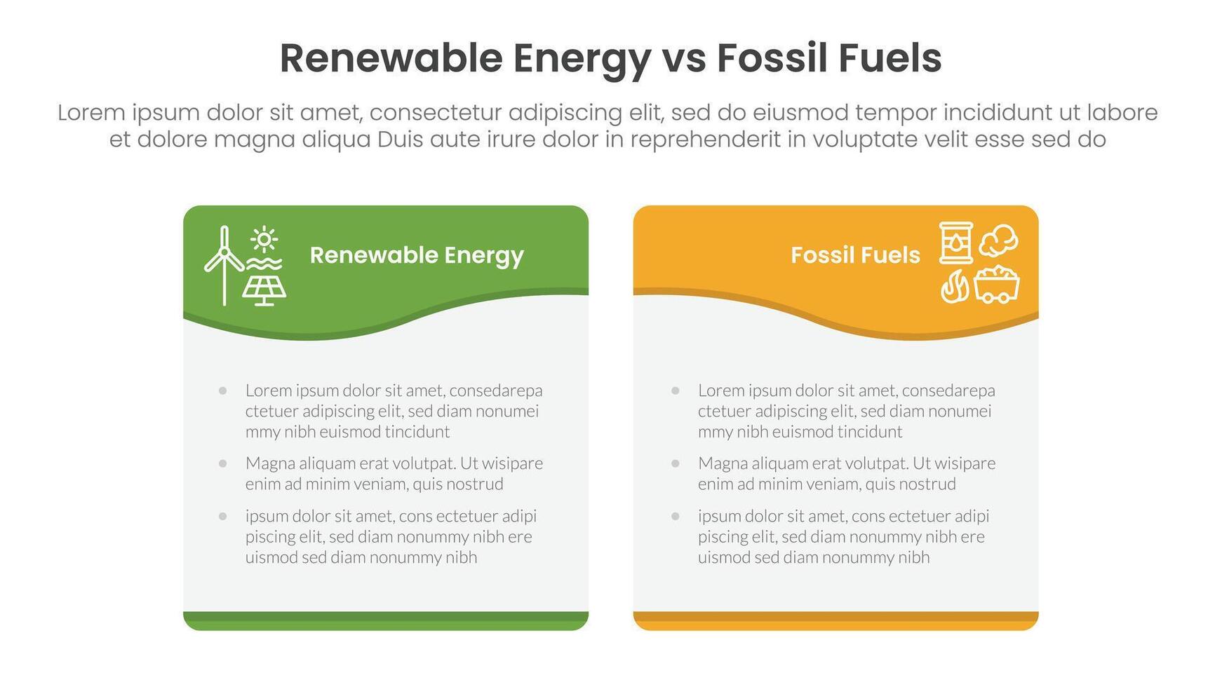 Renewable energy vs fossil fuels comparison concept for infographic template banner with wave swirl curve table box with two point list information vector
