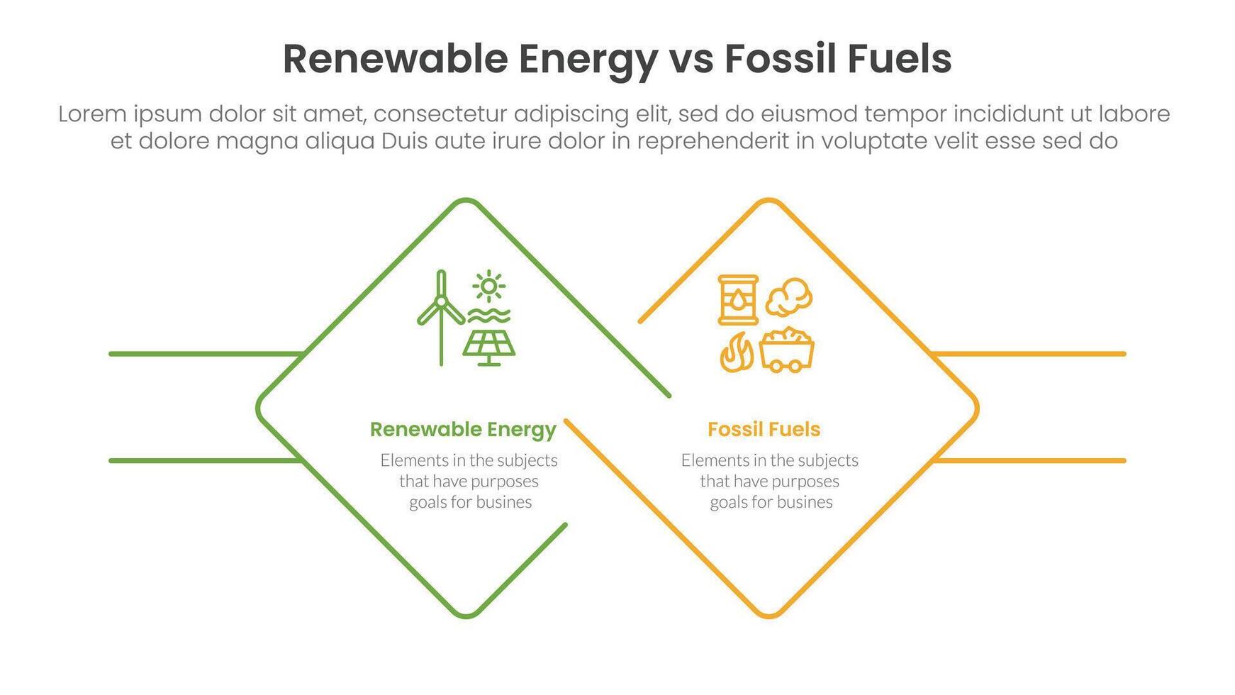 Renewable energy vs fossil fuels comparison concept for infographic template banner with diamond outline shape and rectangle with two point list information vector