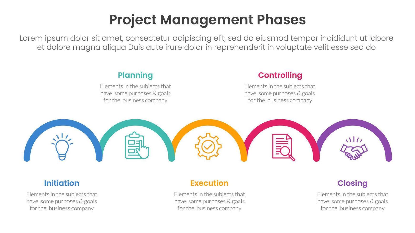 5 phase project management infographic template banner with outline half circle horizontal right direction with 5 point list information for slide presentation vector