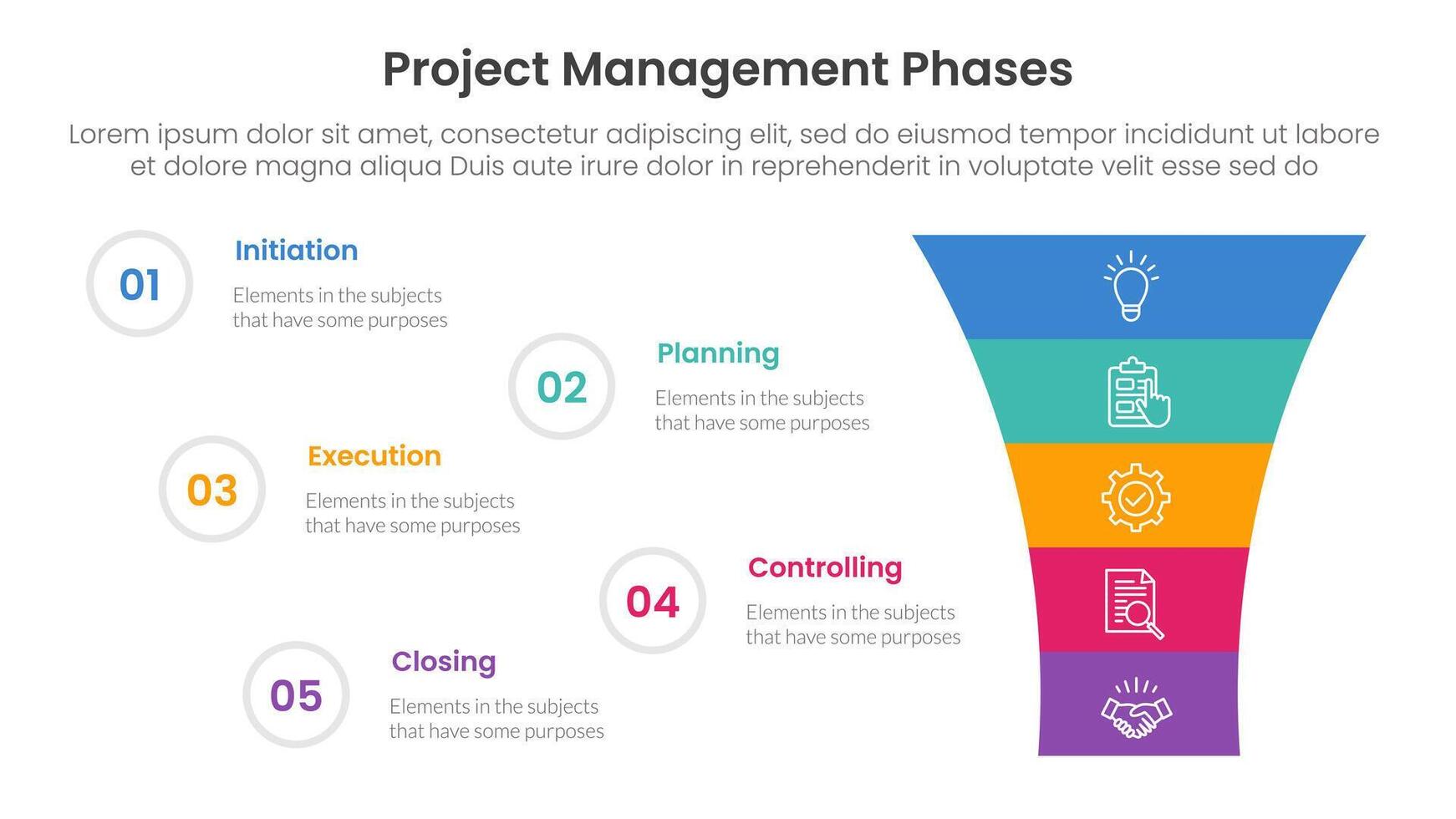 5 phase project management infographic template banner with funnel shrink v shape with 5 point list information for slide presentation vector